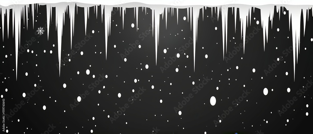 Poster snowy scene with a snowflake falling from the left side of the image. the snow is falling in a long 