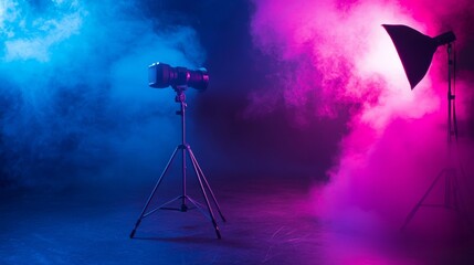 Studio setup with vibrant pink and blue lighting effects
