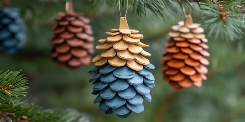 Creative decorative pinecones hang in a lush green forest, showcasing artistic craftsmanship and vibrant colors during autumn