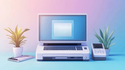 Fototapeta premium Retro laptop, phone, plants on desk.