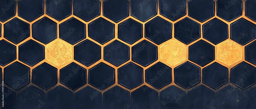 Poster black and yellow hexagonal pattern with a gold border. the pattern is made up of hexagons and the go