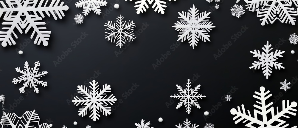 Poster black background with a snowflake pattern. the snowflakes are white and scattered throughout the ima