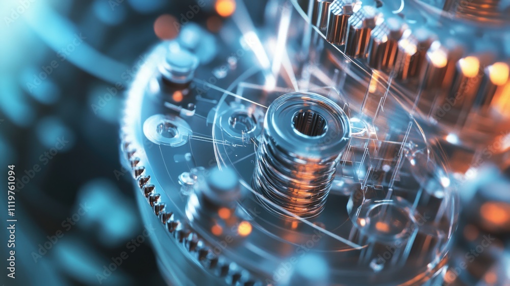 Poster a detailed view of a machine's inner mechanisms, featuring numerous interlocking gears