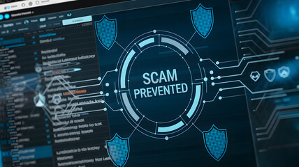 Spam call scam prevention concept. Digital display showcasing a scam prevention alert with security elements.
