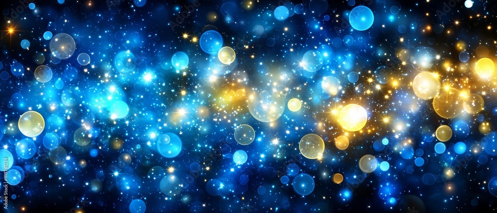 Poster blue and gold background with many small circles. the circles are of different sizes and colors. the