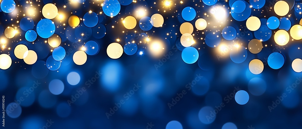 Poster blue and gold background with many small circles. the circles are of different sizes and are scatter