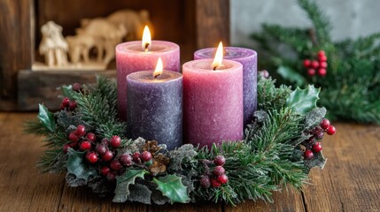 Advent wreath with four candles, one purple candle lit, three purple candles, one pink candle, rustic wooden table, evergreen branches, holly, red berries,