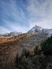 Majestic aiguille du midi Mont Blanc towering over chamonix valley in autumn