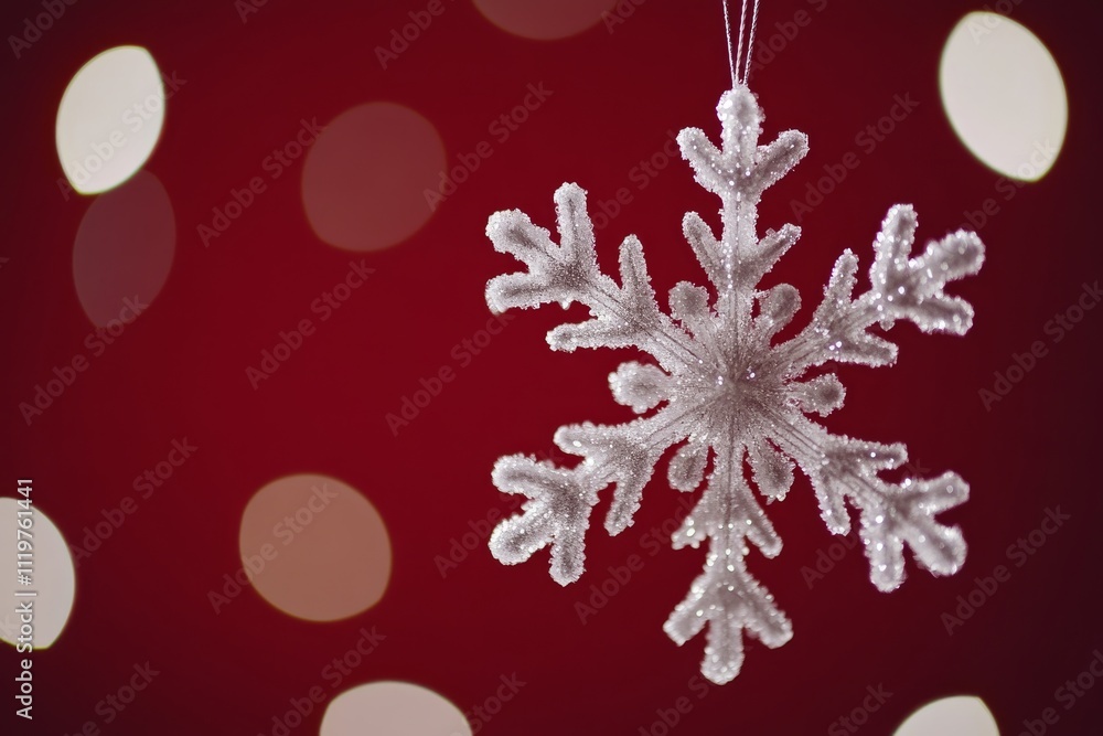 Poster sparkling snowflake ornament hanging against a red background with blurred golden bokeh lights for w