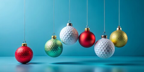 Minimalist Golf Christmas Card Set with Golf Ball Ornament and Colorful Baubles on Blue Background for Festive Greeting Cards, Perfect for Sports Enthusiasts this Holiday Season