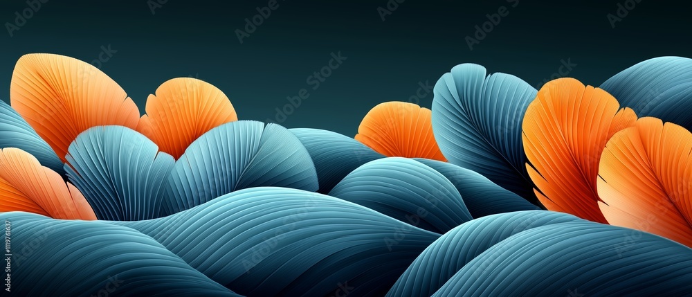 Poster blue and orange background with a bunch of orange and blue feathers. the feathers are arranged in a 
