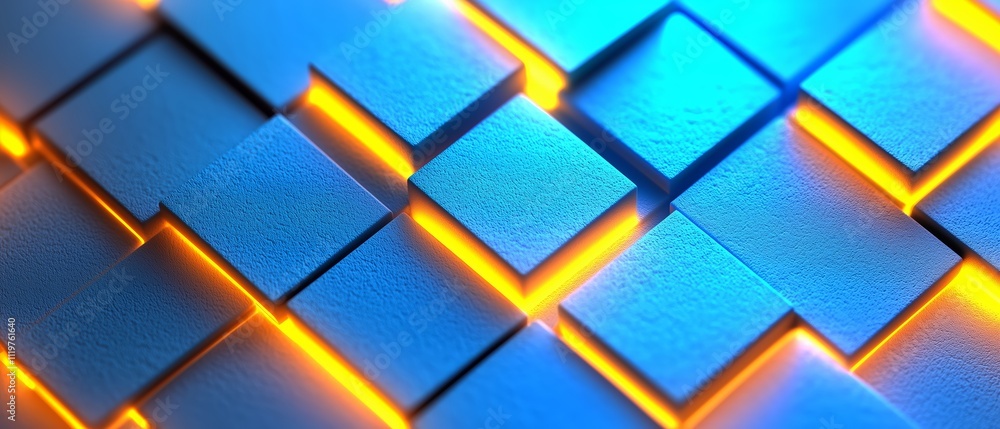 Poster blue and orange background with squares of different sizes. the squares are lit up with orange and b