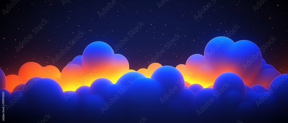 Poster blue and orange cloud filled sky with a starry background. the sky is filled with clouds of differen