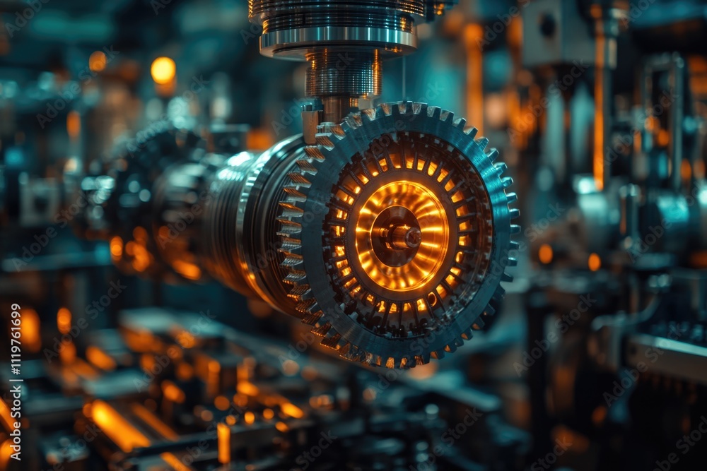 Poster close-up view of an industrial machine in a factory setting, suitable for use in manufacturing or in