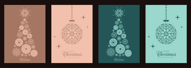 Minimalistic Christmas card vector design template in trendy green and Mocha Mousse color of the year 2025. Christmas tree with baubles Decoration.