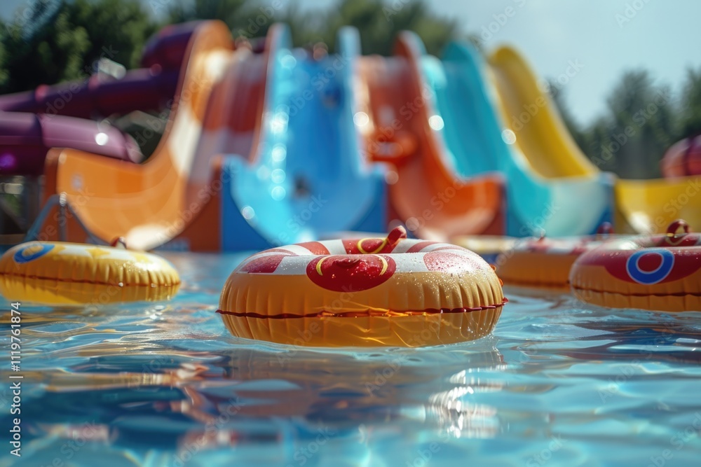 Poster a group of colorful inflatable floats floating on the surface of a pool, perfect for summer fun and 