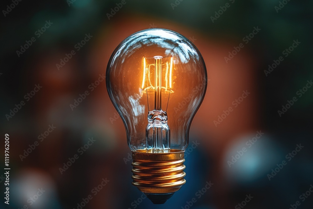 Poster a single glowing light bulb on a plain table surface, ideal for use in various commercial and editor