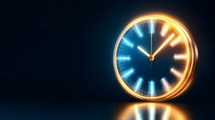 A futuristic digital clock light effect. A glowing silhouette of a clock representing time. Background laser blue neon clock vector illustration -