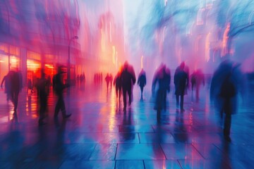 Urban scene with pedestrians moving along the sidewalk