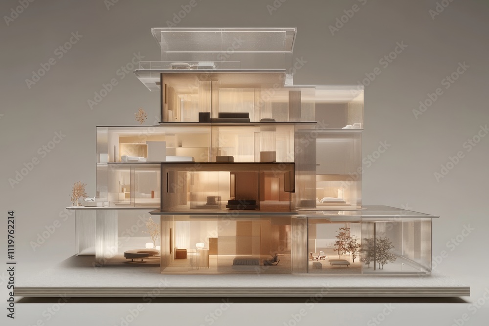 Poster modern architectural model of a stylish multi-level house with transparent elements and warm lightin
