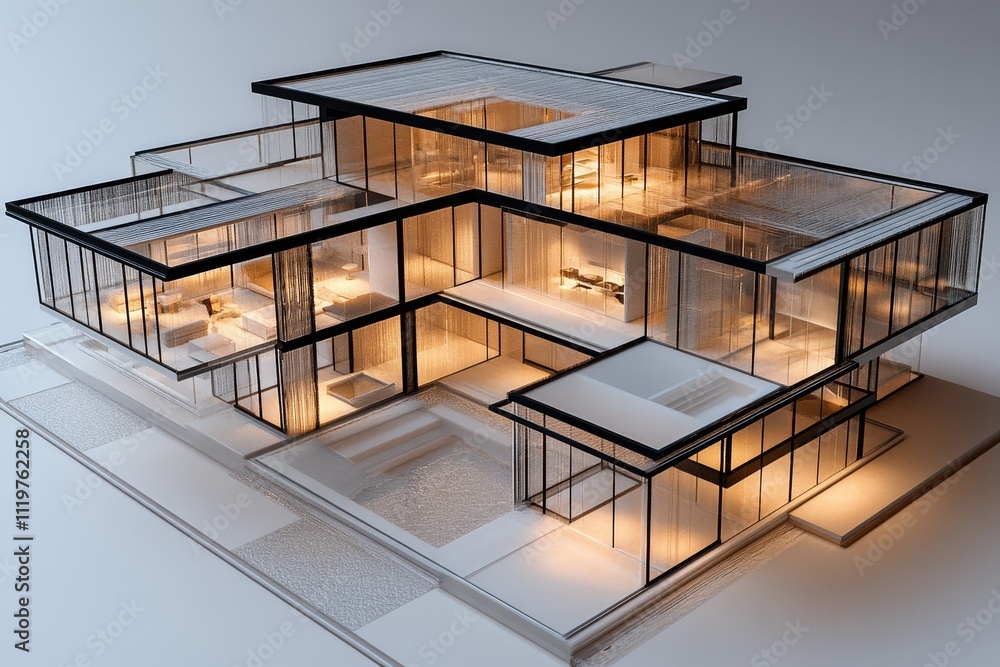 Poster modern architectural model showcasing innovative design features and clear geometric shapes with int