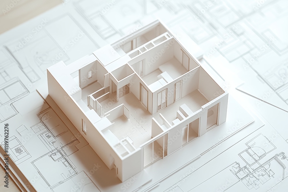 Poster detailed architectural model of modern house design on technical blueprints featuring open layout an
