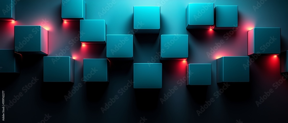 Poster blue and red cube patterned background with a blue and red cube in the foreground. the cubes are lit