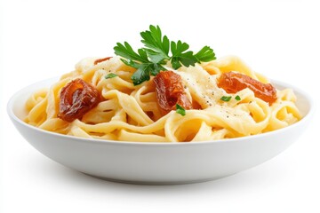 A delicious bowl of creamy pasta topped with sun-dried tomatoes and fresh parsley, perfect for a flavorful meal.