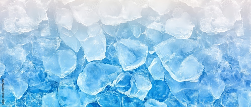 Poster blue and white background with ice cubes scattered throughout. the ice cubes are of various sizes an