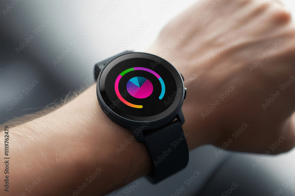Poster man wearing a smartwatch that tracks fitness data. displaying progress and workout information on it