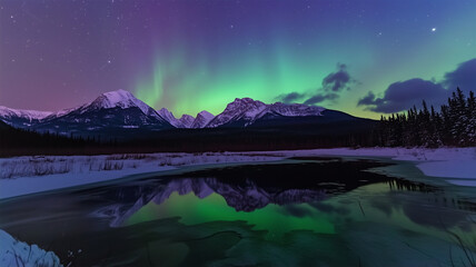 静かな湖に映るオーロラと雪山