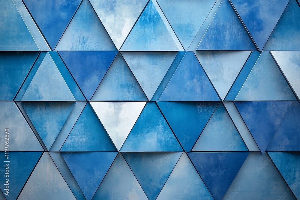 Poster blue and white pattern of triangles. the blue is the dominant color and the white is the accent colo