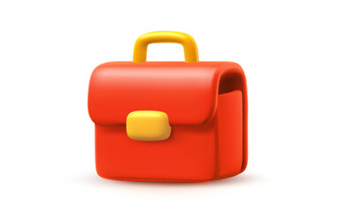 Vector illustration of red office work briefcase on white color background. 3d cartoon style design of business brief case icon. Male work bag for portfolio and document with lock