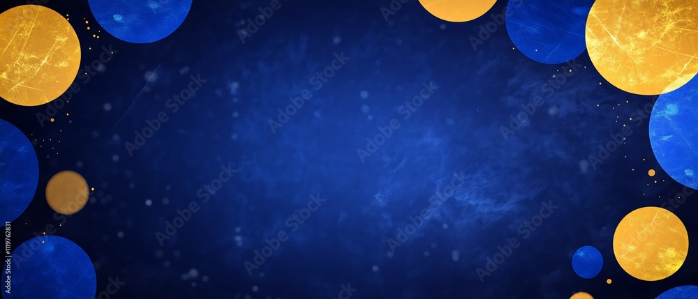 Poster blue and yellow background with a lot of circles. the circles are of different sizes and are scatter