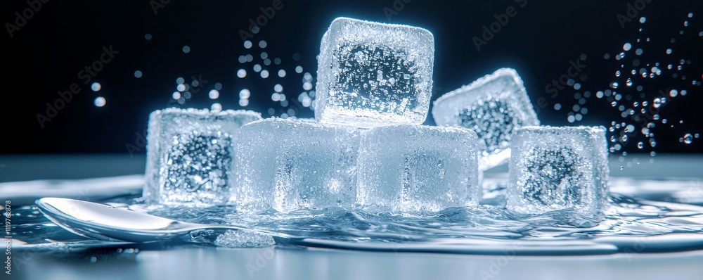 Aufkleber sparkling water splash with ice cubes on dark background for refreshing beverage concepts
