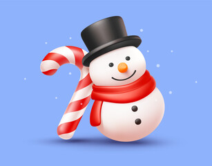 Vector christmas illustration of cartoon snowman and striped candy cane on blue background with snowflake. 3d realistic style winter holiday design of cute snowman with candy cane for Merry Christmas