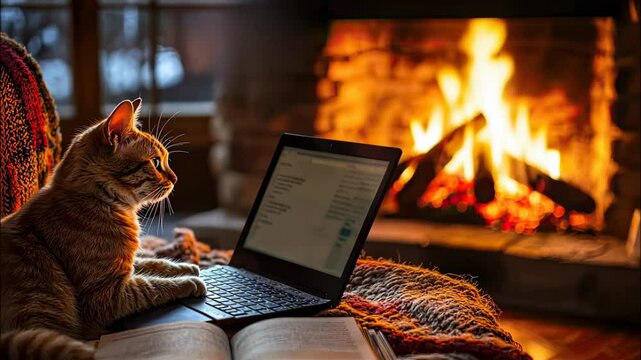 cat at the computer on the background of the fireplace. selective focus