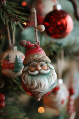 Obraz premium Beautiful Christmas tree decoration with Santa Claus. Xmas and winter holiday background for banner and greeting card.