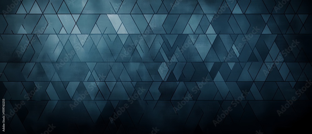 Poster blue background with a lot of triangles. the triangles are of different sizes and are scattered thro