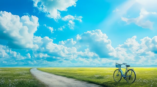 Blue bicycle is parked in a field with a clear blue sky above. The scene is peaceful and serene, with the bike as the only object in the foreground