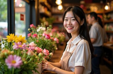 The girl is Asian, works in a flower shop collecting orders for Valentine's Day, looks at the camera and smiles. Remote sale of goods in a modern flower and souvenir shop.
