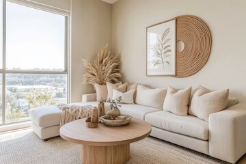 Cozy modern living room neutral color palette beige walls light wood furniture