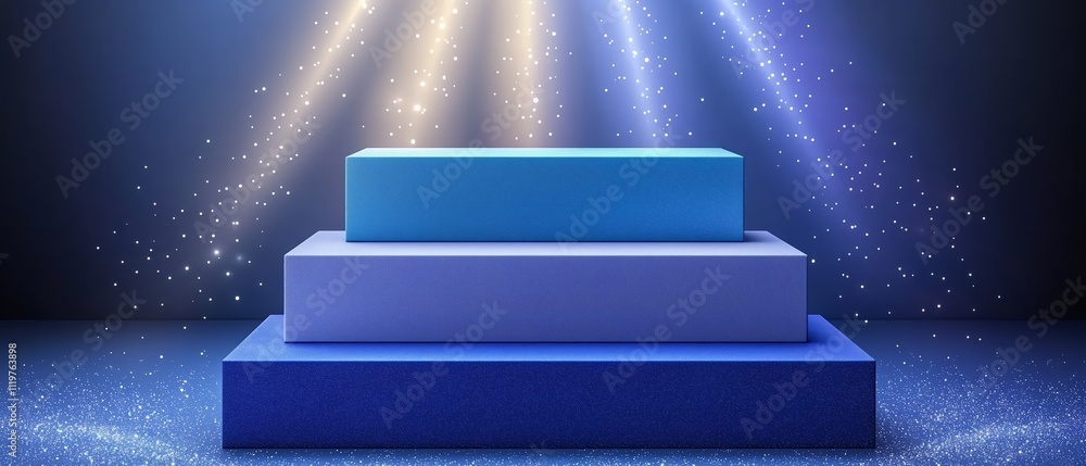 Poster blue stack of blocks with a light shining on it. the blocks are stacked on top of each other and the