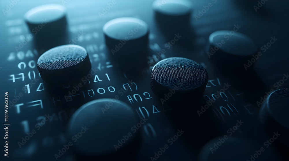 Aufkleber close-up of dark, cylindrical objects on a surface with numbers.