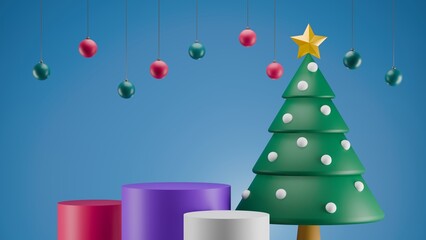 A minimalist Christmas scene featuring a green tree with white ornaments, three colored podiums, and festive ornaments hanging against a light blue background. 3D rendering.
