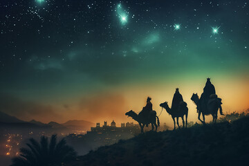 Three Kings Journeying to Visit Baby Jesus in Bethlehem - Epic Religious Scene Depicting the Biblical Magi, Star of Bethlehem, and Nativity Story in Stunning Photography