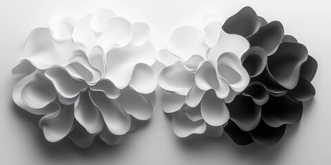 Intricate paper flowers in black and white evoke a sense of elegance and artistry in a minimalist design