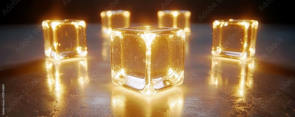 Poster glowing ice cubes on dark surface with reflection and soft light for creative designs and visuals