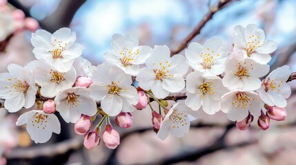 Obraz premium Beautiful Cherry Blossom Branch with Open Flowers and Buds in Spring Garden Setting