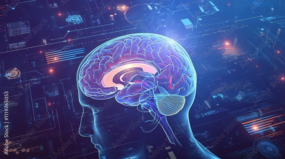 Poster digital brain with data flowing, ai concept background, futuristic technology illustration with holo